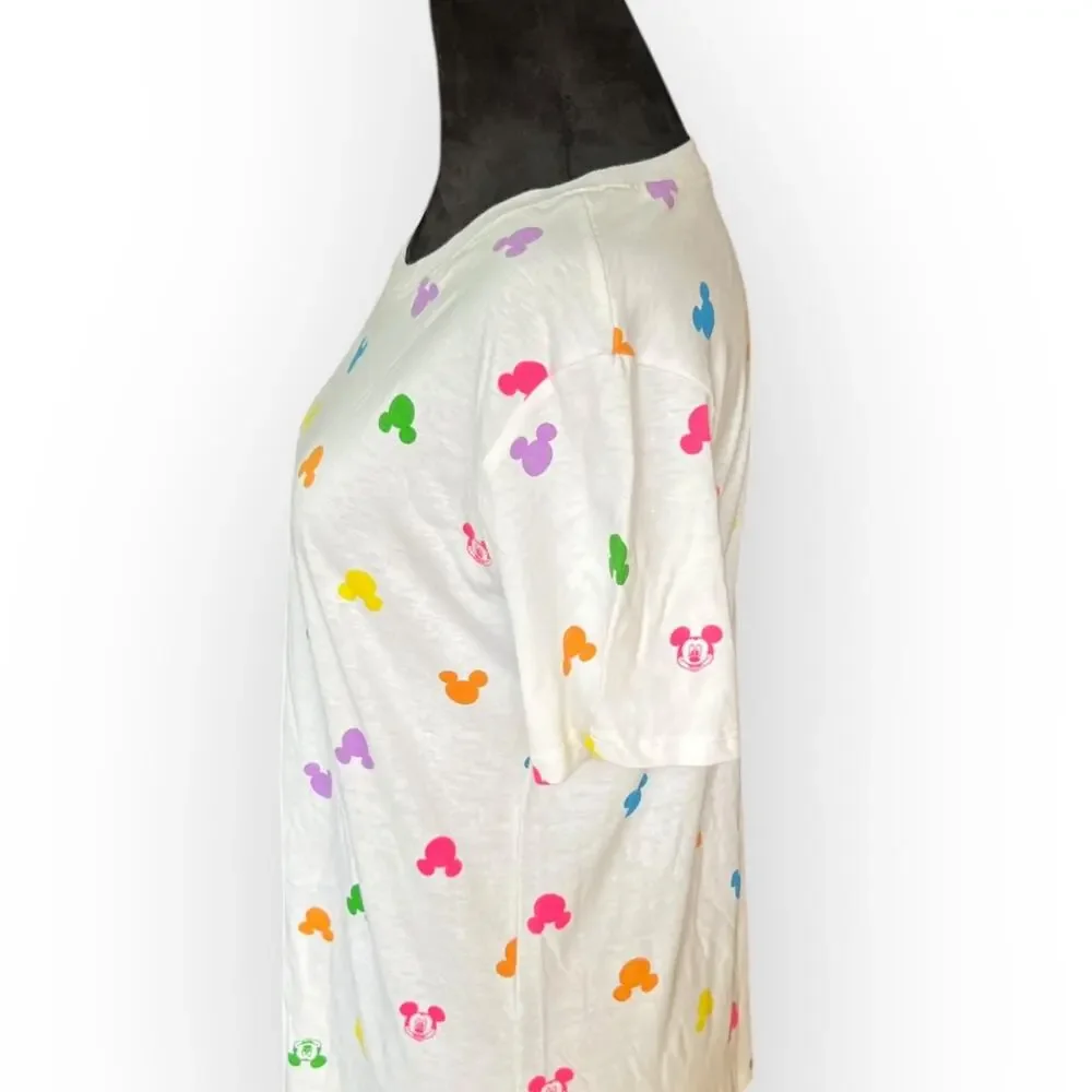 Disney Women's White with Multicolored Mickey Mouse Heads Print T-Shirt Size Med - Picture 4 of 9